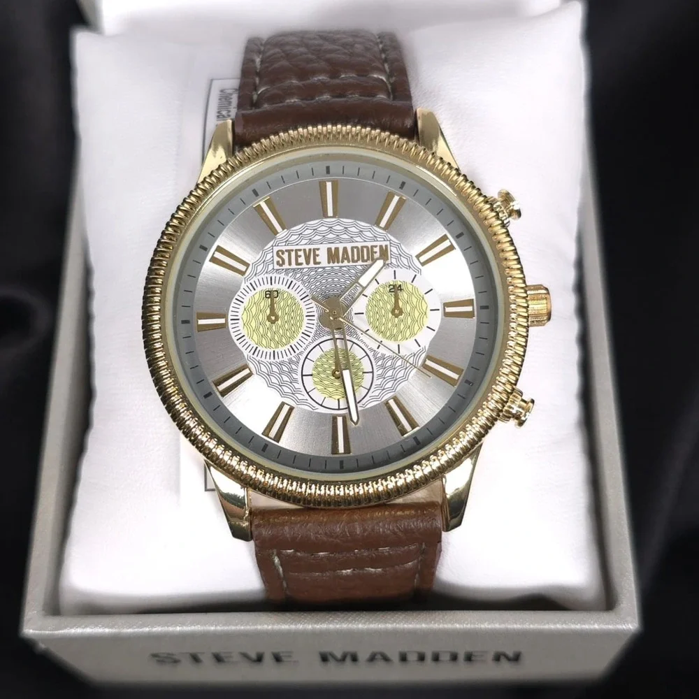 STEVE MADDEN New Men Watch Casual Brown Leather Gold ChRonograph SM-9192SVBN